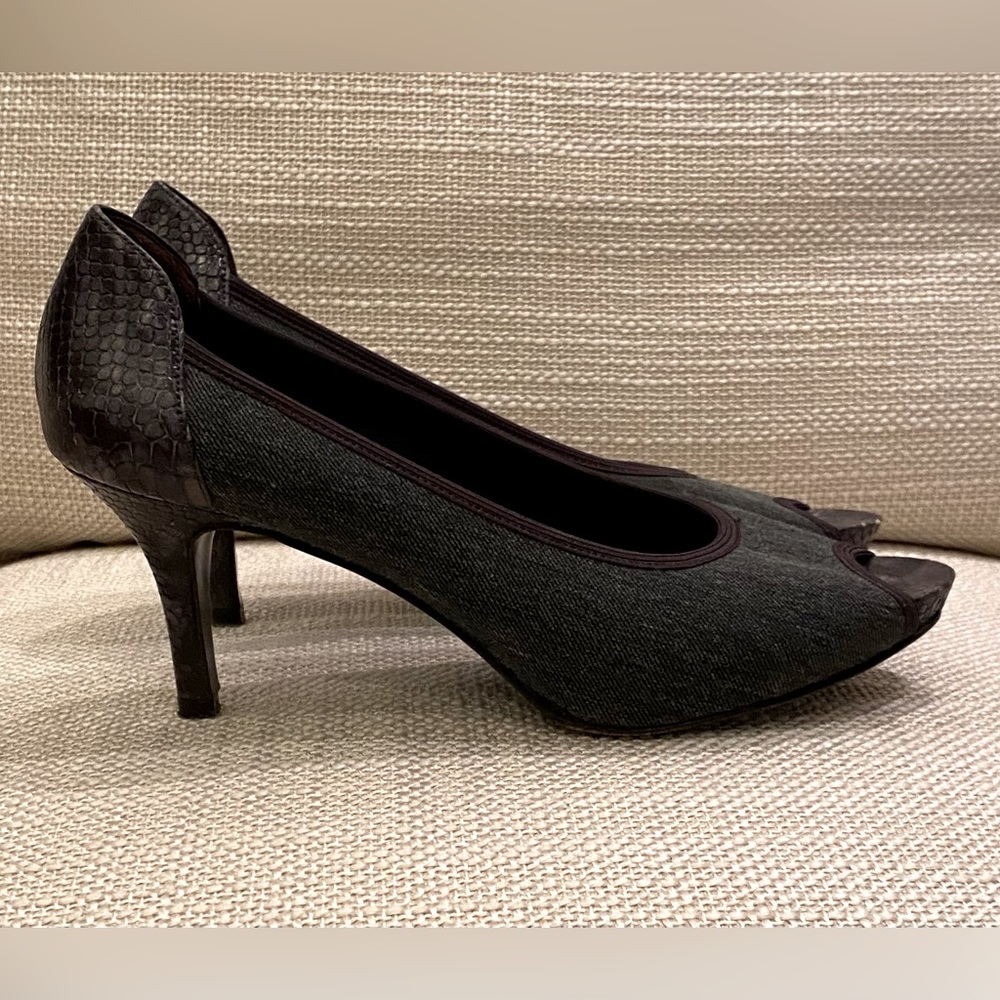 Donald J Pliner Dark Denim Open Toe W Snake Print Leather Heel / Womens Size 7N